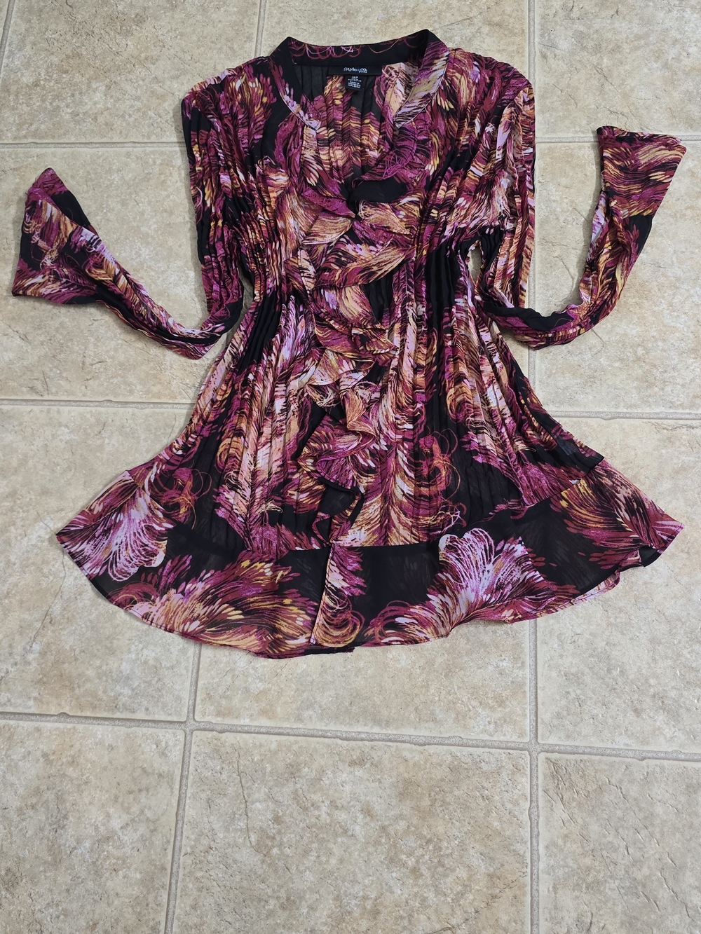 Style & Co. Long-Sleeve Ruffle Front Blouse in Black, Magenta & Gold